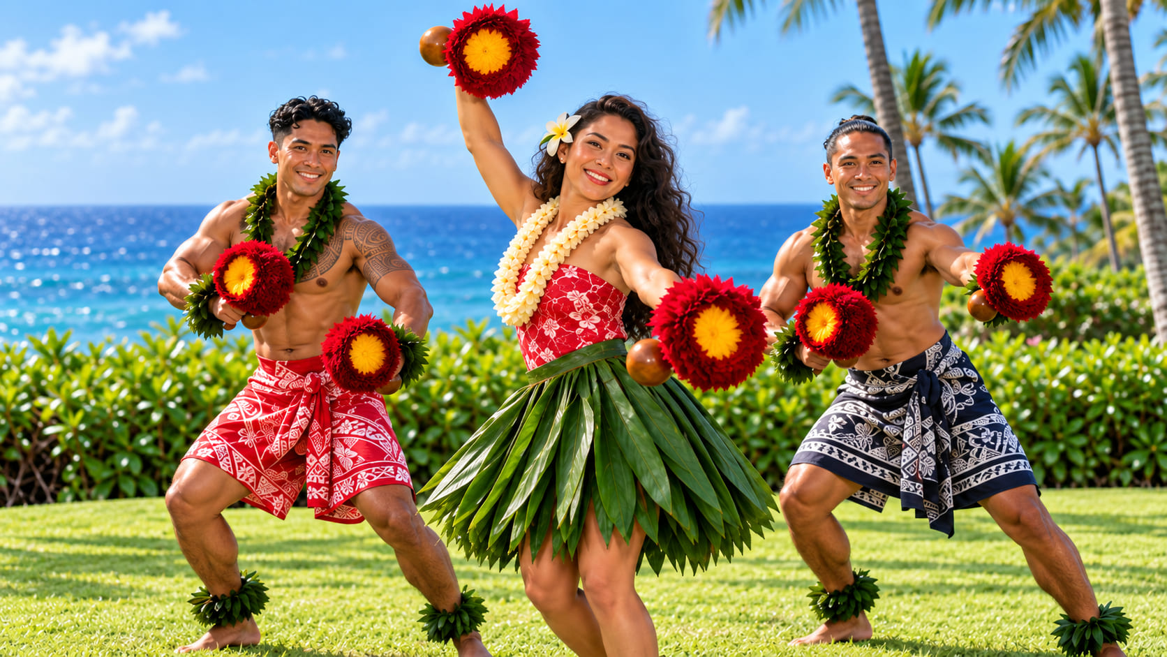 Hula performers with Hawaiian instruments beside the ocean